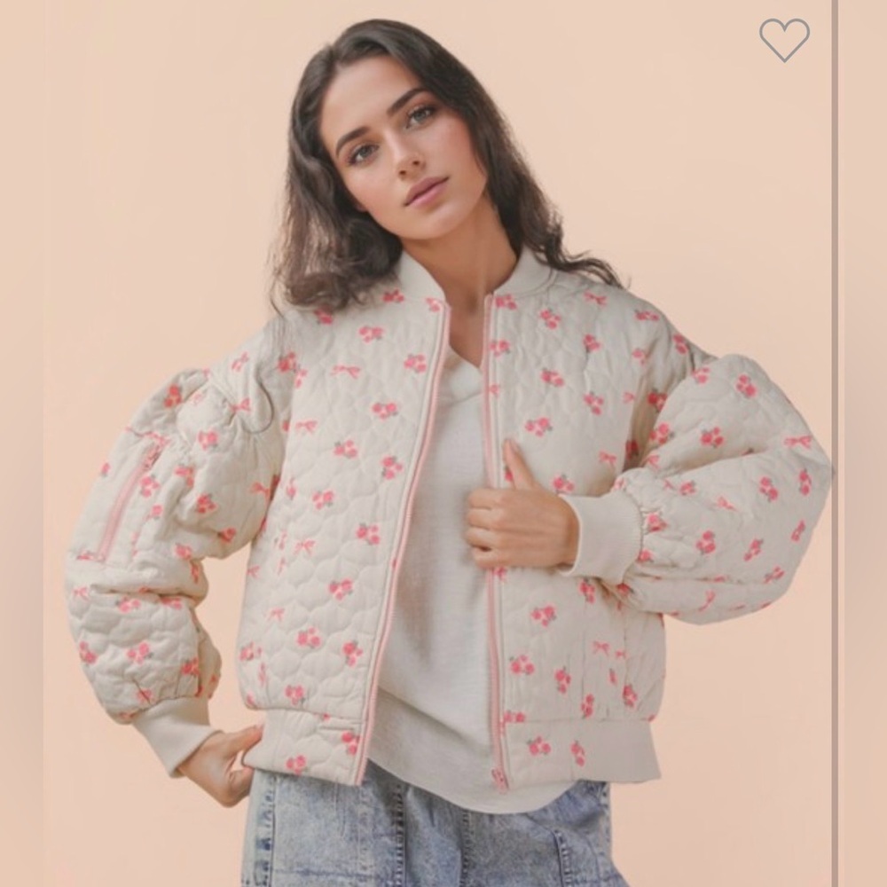 Nwt Floral Printed Quilted Oversized Casual Jacket